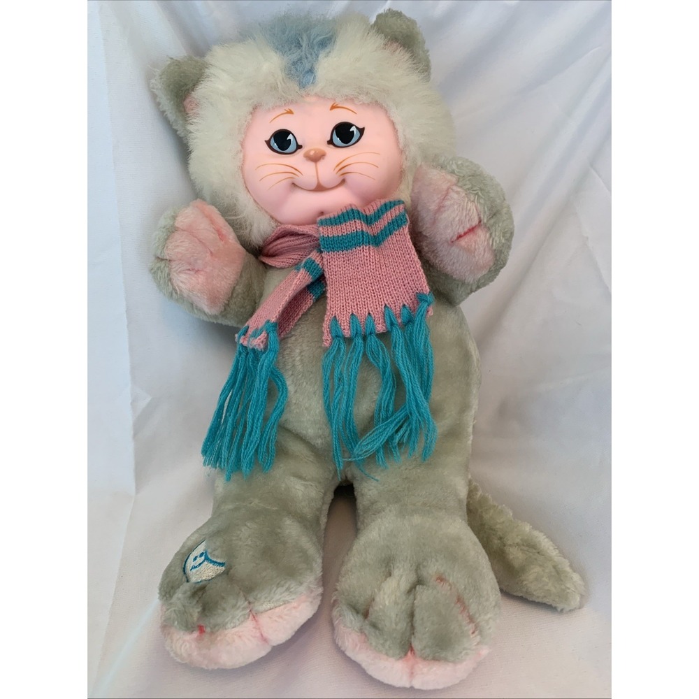 VTG 80's Storybook Friends Cat Plush Rubber Face 14 Scarf Blue Eyes Rare Toy‎